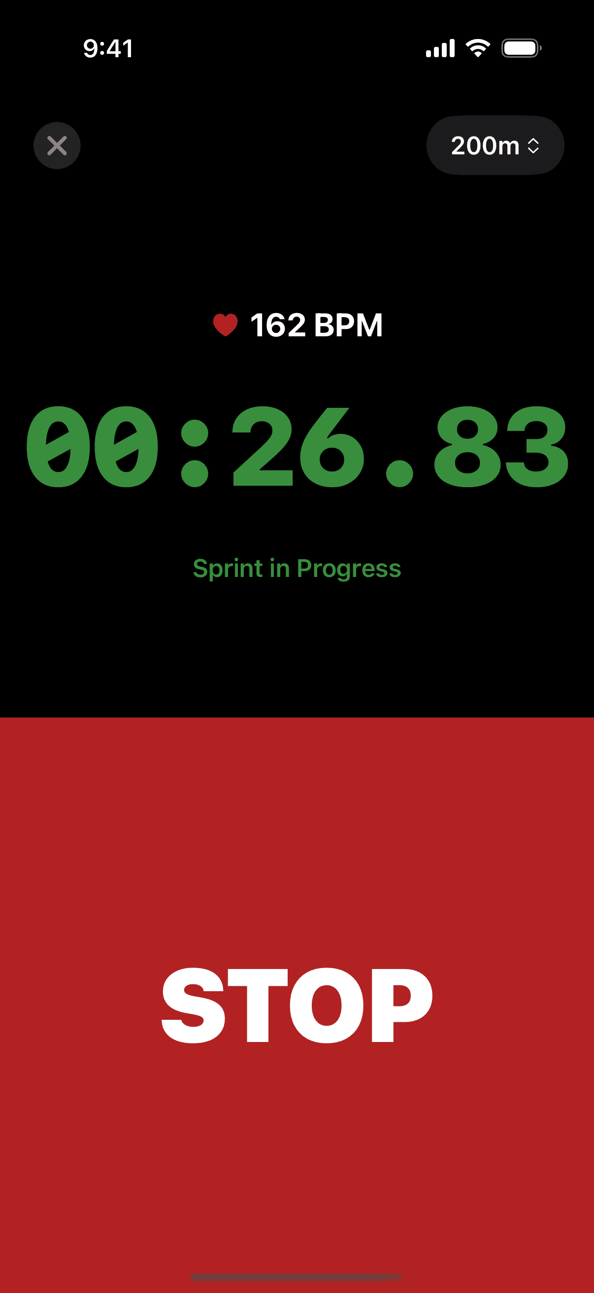 Trackreps timing a 200 metre sprint with live heart rate